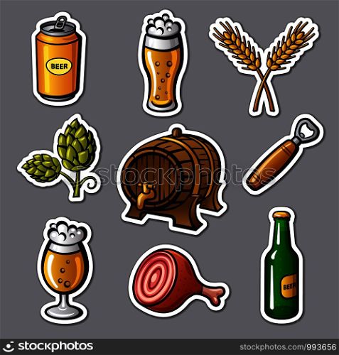 illustration of the beer drinks and snacks stickers. beer stickers
