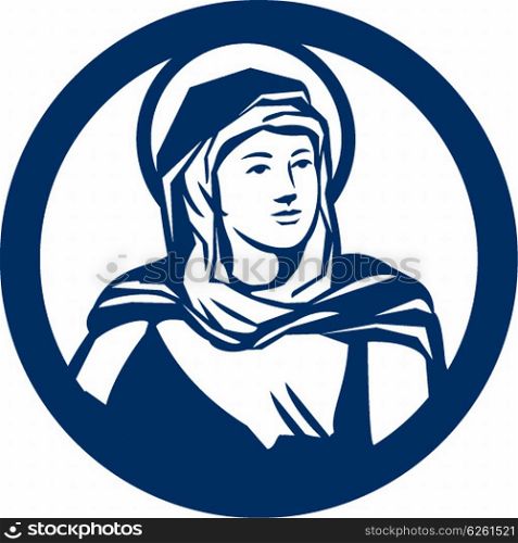 Illustration of the Blessed Virgin Mary looking to the side set inside circle done in retro style. . Blessed Virgin Mary Circle Retro