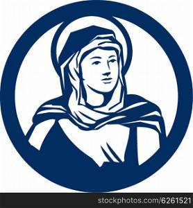 Illustration of the Blessed Virgin Mary looking to the side set inside circle done in retro style. . Blessed Virgin Mary Circle Retro
