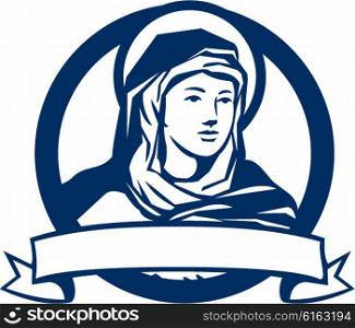 Illustration of the Blessed Virgin Mary looking to the side with scroll set inside circle done in retro style. . Blessed Virgin Mary Scroll Retro