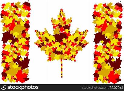Illustration of the Canadian flag made up of maple leafs in different fall colors