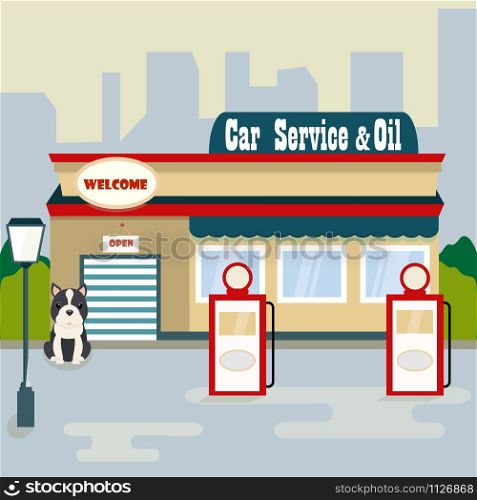 Illustration of the car service and oil with cute dog. Illustration of the car service and oil products with cute dog