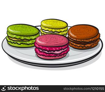 illustration of the colorful macarons cookies dessert on the plate. colorful macarons