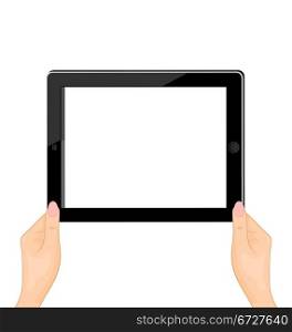 Illustration of the computer tablet in a hand of the woman isolated on a white background - vector