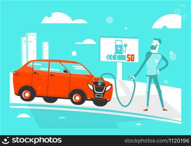 Illustration of the discharged electric car problem. Cartoon character with an electric car. Flat vector.