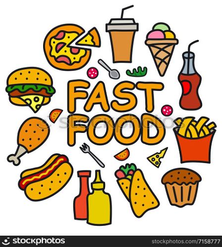 illustration of the fast food meals on the white background with name. fast food banner