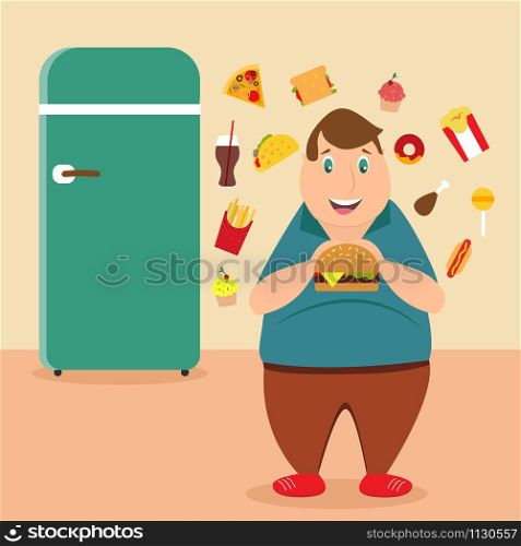 Illustration of the fat man eating unhealthy products near the fridge. Illustration of the fat man eating unhealthy products
