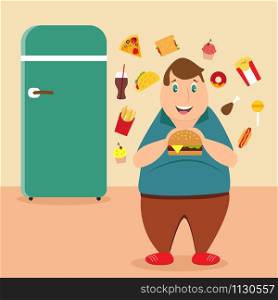 Illustration of the fat man eating unhealthy products near the fridge. Illustration of the fat man eating unhealthy products