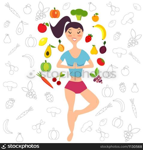 Illustration of the girl and fresh fruits, vegetables. Healthy lifestyle banner, background, poster. Poster with girl and fruits, vegetables.