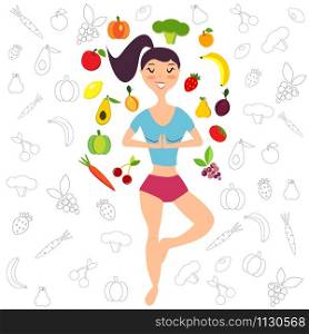 Illustration of the girl and fresh fruits, vegetables. Healthy lifestyle banner, background, poster. Poster with girl and fruits, vegetables.