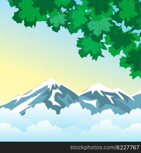 Illustration of the green branch with sheet on background of the mountains. High in mountain