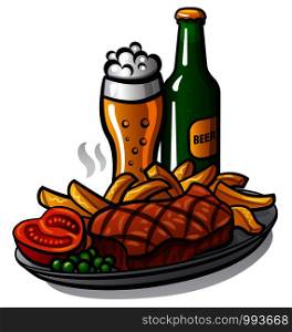 illustration of the grilled beef steak and beer glass. beef steak and beer