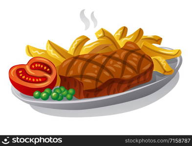 illustration of the grilled beef steak with fries on a plate. beef steak