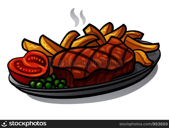 illustration of the grilled beef steak with fries on a plate. beef steak