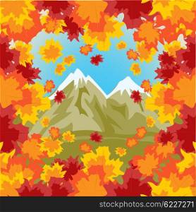 Illustration of the high mountains in framing autumn sheet. High mountains on background autumn sheet