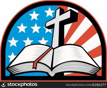 Illustration of the holy bible with cross and American flag stars and stripes.