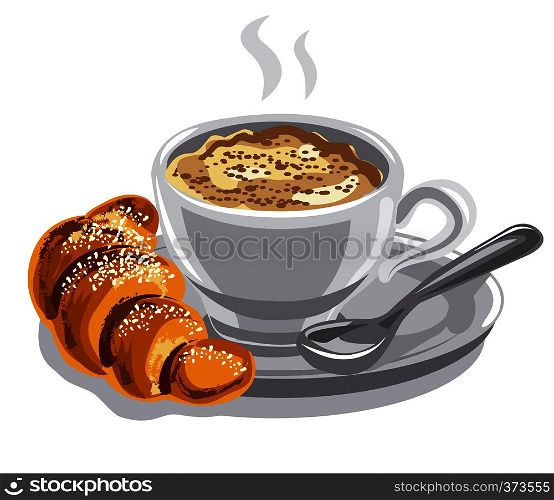 illustration of the hot coffee with milk and croissant. hot coffee with milk