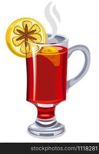 illustration of the hot mulled wine with lemon and cinnamon. hot mulled wine