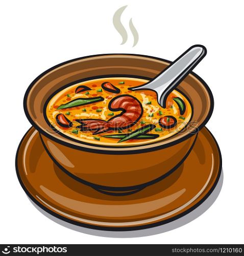 illustration of the hot Thai Tom Yum Soup with shrimps. Thai Tom Yum Soup