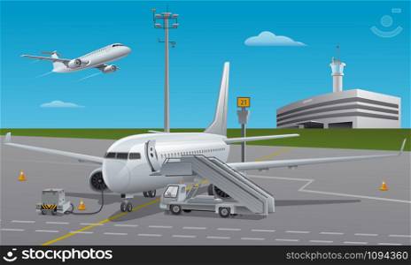 illustration of the jet passenger airplane on the airfield. jet passenger airplane