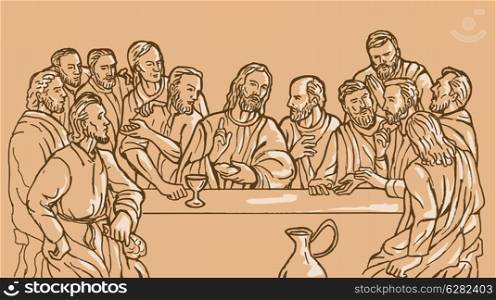 illustration of the last supper of Jesus Christ the savior and his discplles. last supper Jesus Christ savior disciples apostles