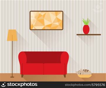 Illustration of the living room with red sofa and cat in basket. Flat design style.
