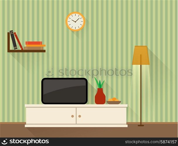 Illustration of the living room with TV. Flat design style.