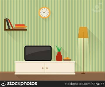 Illustration of the living room with TV. Flat design style.