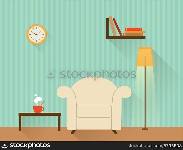Illustration of the living room with white armchair. Flat design style.
