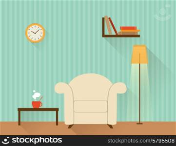 Illustration of the living room with white armchair. Flat design style.