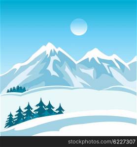 Illustration of the mountain landscape in winter. Winter in mountain