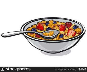 illustration of the muesli with berries in the plate. muesli with berries