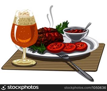 illustration of the plate with hot meat cutlets, tomato sauce with dill and beer. meat cutlets