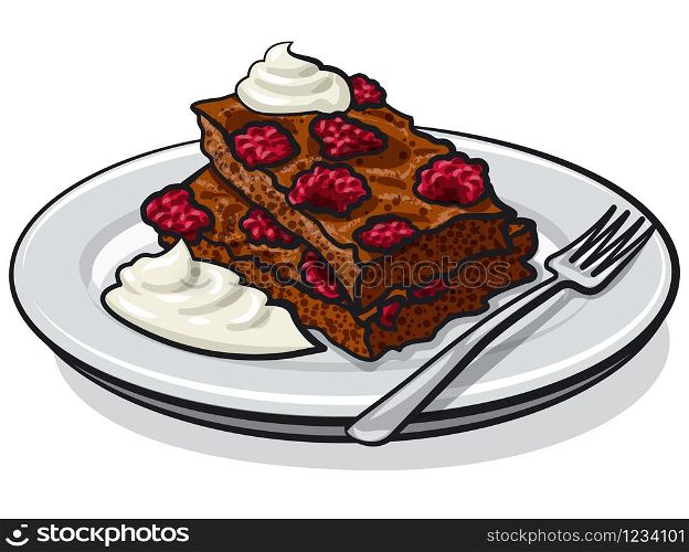 illustration of the raspberry brownie with sour cream on the plate. strawberry brownie
