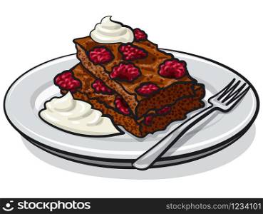 illustration of the raspberry brownie with sour cream on the plate. strawberry brownie