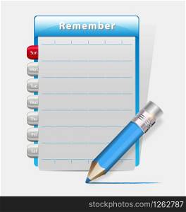 Illustration of the remember blank diary with a blue pencil. Remember blank diary with a blue pencil
