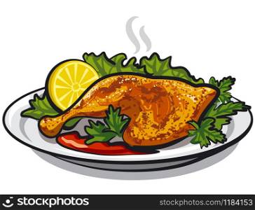 illustration of the roasted chicken grilled leg with lettuce and sauce. roasted chicken leg