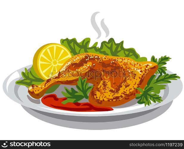 illustration of the roasted chicken grilled leg with lettuce and sauce. roasted chicken thigh