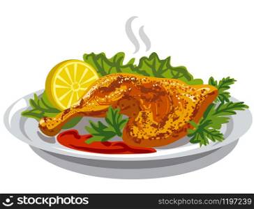 illustration of the roasted chicken grilled leg with lettuce and sauce. roasted chicken thigh