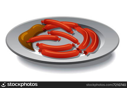 illustration of the sausages with mustard on a plate. sausages with mustard