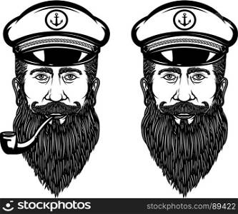Illustration of the sea captain with smoking pipe. Design element for poster, emblem, sign, t shirt. Vector illustration