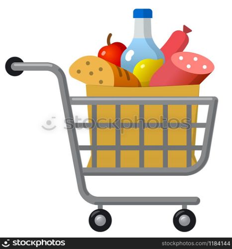 illustration of the shopping trolley cart with food and meals products on the white background. food shopping trolley cart