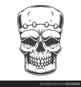 Illustration of the skull of frankenstein monster in engraving style. Design element for poster, card, banner, sign, logo. Vector illustration