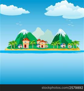 Illustration of the small city on island in ocean. Small island in ocean