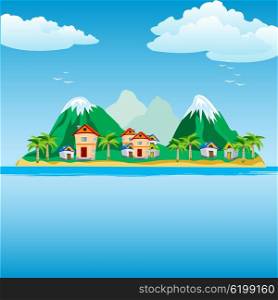 Illustration of the small city on island in ocean. Small island in ocean