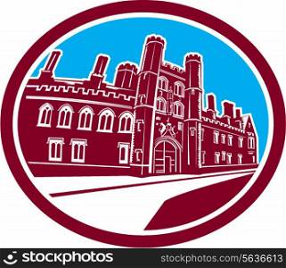 Illustration of the St. John&rsquo;s College building of the university of Cambridge in Cambridge set inside oval done in retro woodcut style.