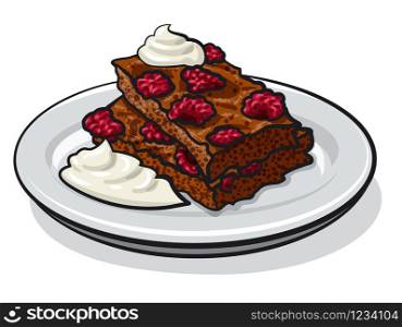 illustration of the strawberry brownie with sour cream on the plate. strawberry brownie