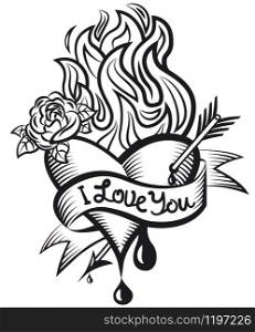 illustration of the tatoo style bleeding loving heart. bleeding loving heart