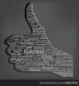 Illustration of the thumbs up symbol, which is composed of words on business themes. Vector illustration.