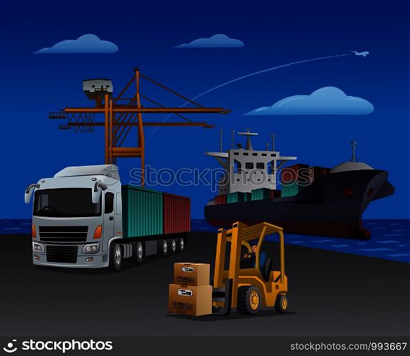 illustration of the transport logistics center in the port. transport logistics in the port